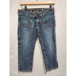 Von Dutch Y2K Womens Low‎ Rise Denim Capri Sz 26 Stretch Orange Stitch